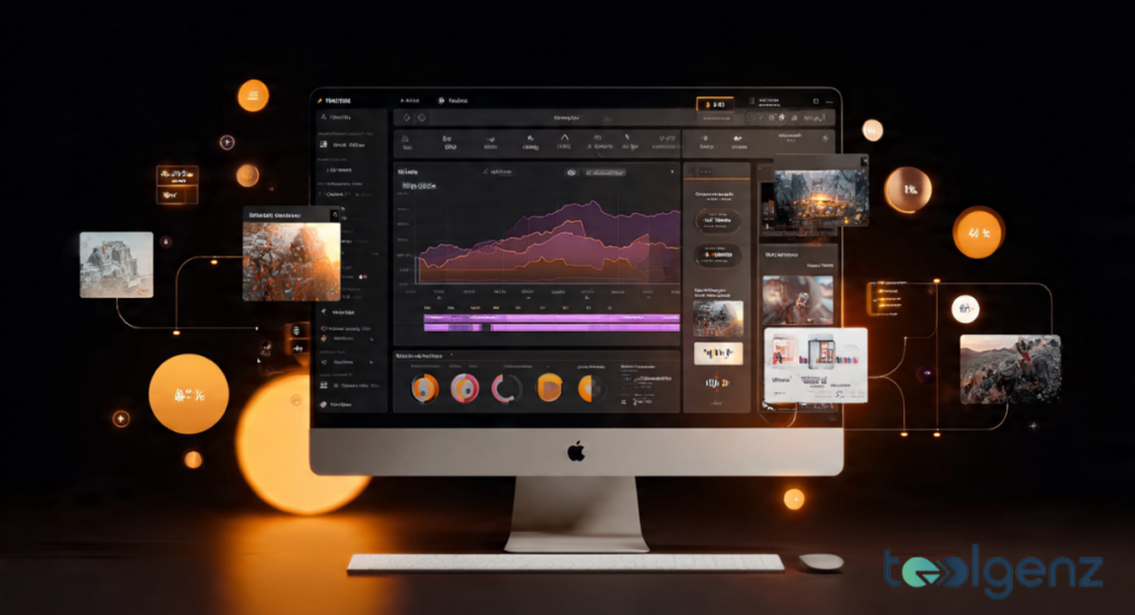 A sleek desktop monitor displaying a complex dark-mode data dashboard with glowing orange orbs and holographic UI elements floating around the screen.