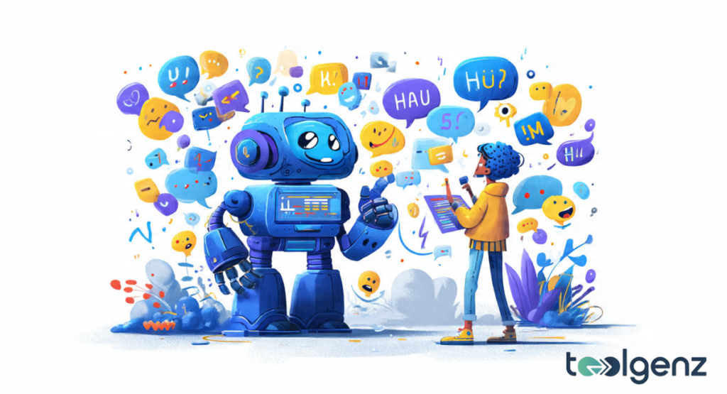 A friendly, dark-blue robot with glowing yellow eyes holds up a lit lightbulb, surrounded by floating pink and yellow speech bubbles against a soft blue background.