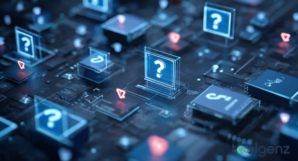 A dark blue digital circuit board background with glowing holographic question marks and warning icons floating above microchips to represent the limitations of hardware identification.