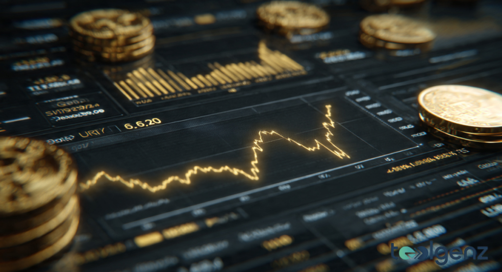 A digital financial dashboard displaying real-time candle charts and market data alongside stacks of heavy, lustrous yellow bars and coins.