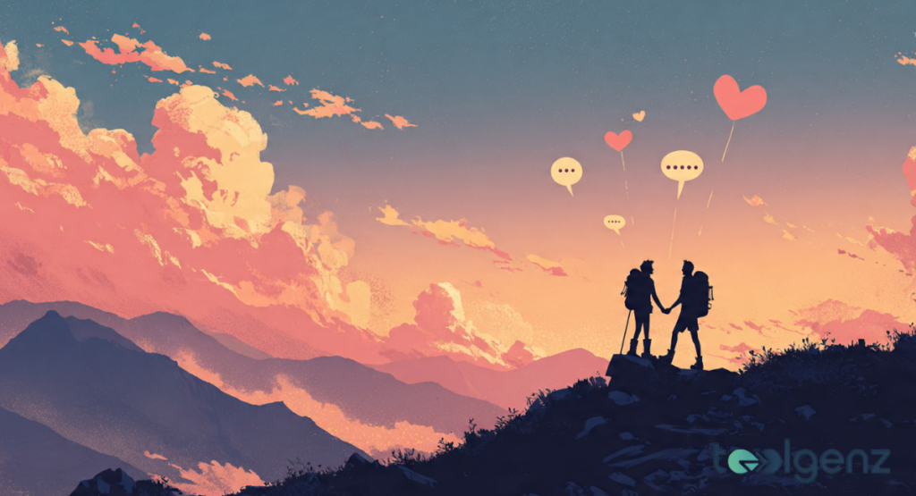 A silhouette of a couple holding hands on a rocky peak at sunset, with heart-shaped balloons and speech bubbles floating above them.