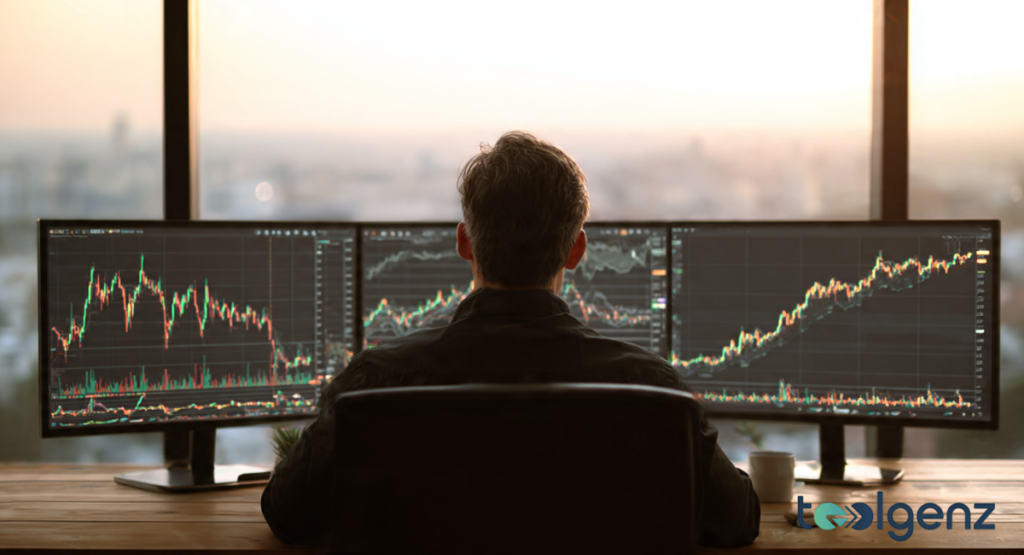 A lone investor sitting in front of a three monitor setup displaying complex green and red line charts tracking microsoft stock performance during a sunset.