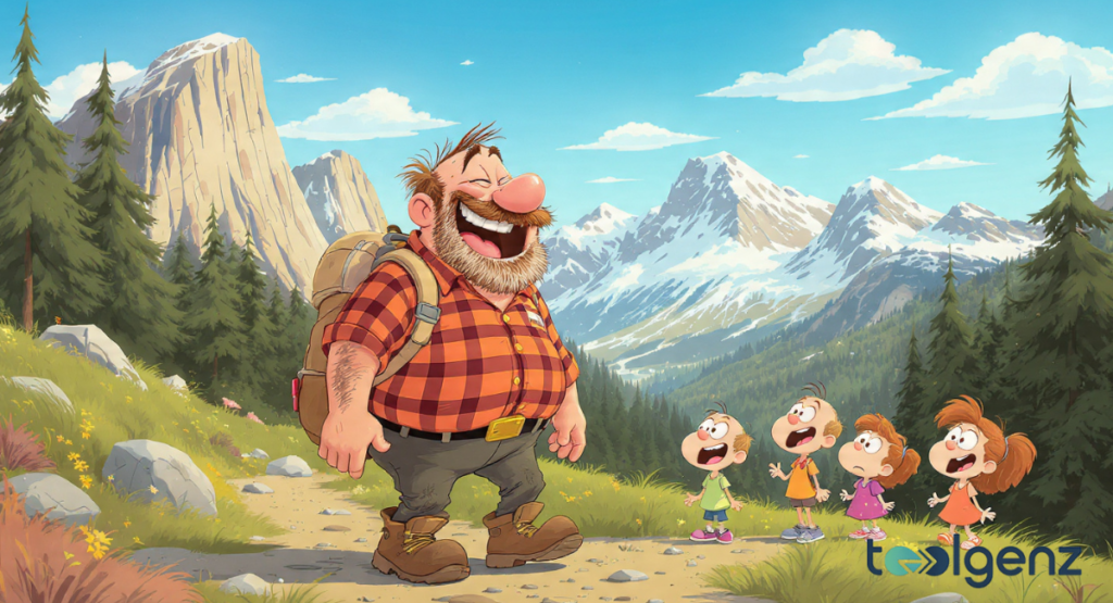 Two personified mountains with happy faces talking to each other through large speech bubbles in a scenic valley.