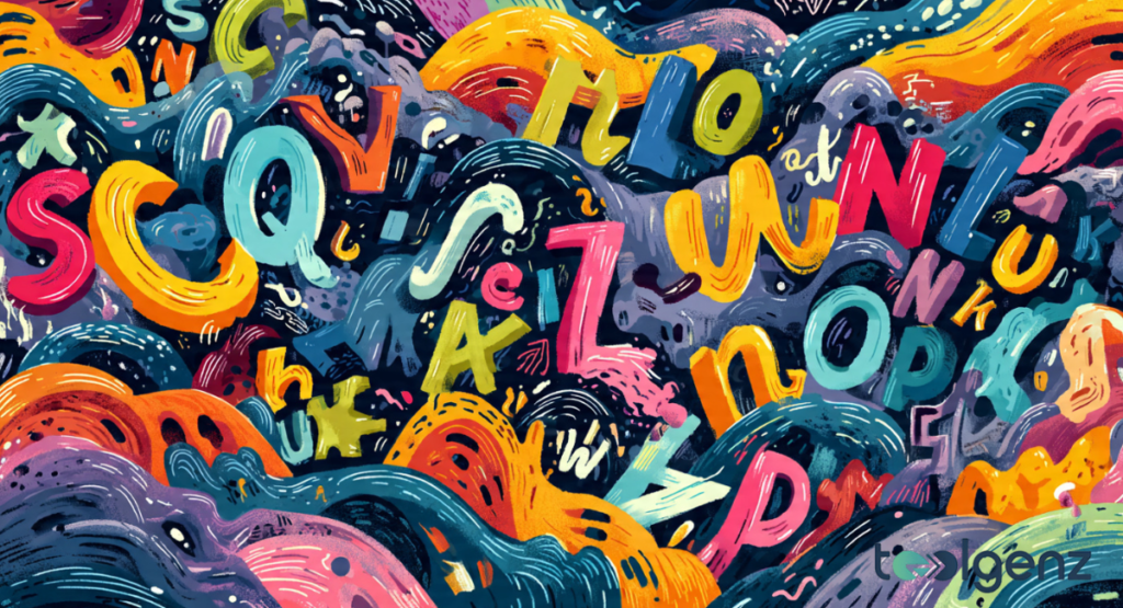 An abstract, highly textured digital painting featuring a dense swirl of colorful, 3D-style letters and fluid shapes in vibrant blues, yellows, and pinks.