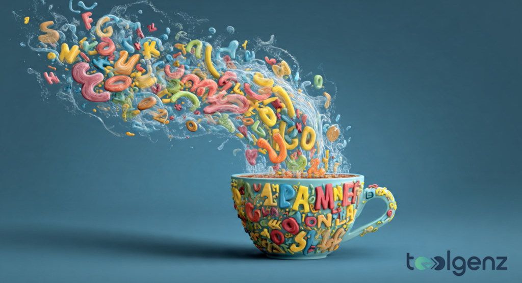 A vibrant blue teacup overflowing with a dynamic splash of colorful 3D letters and liquid against a solid blue background.