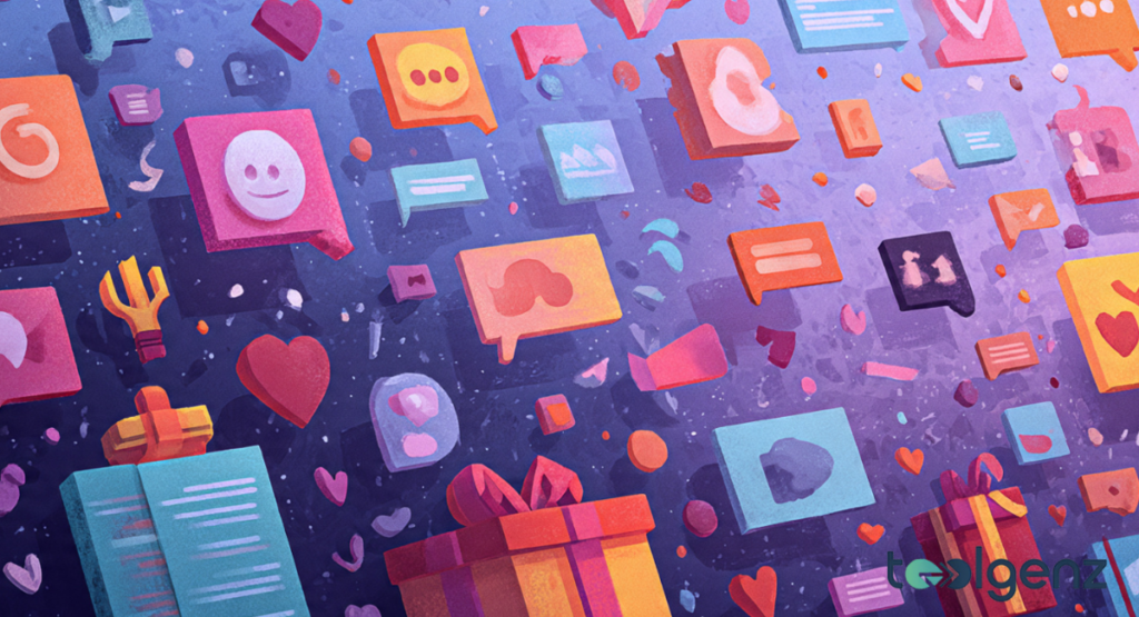 A playful, colorful illustration featuring floating social media icons, speech bubbles, hearts, and gift boxes on a textured purple background.