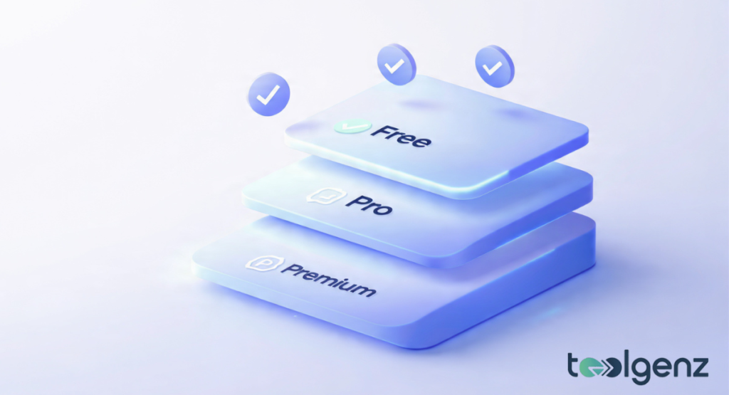 A 3D isometric stack of three rounded glass-like rectangular platforms labeled "Free," "Pro," and "Premium" with glowing blue checkmarks floating above them.