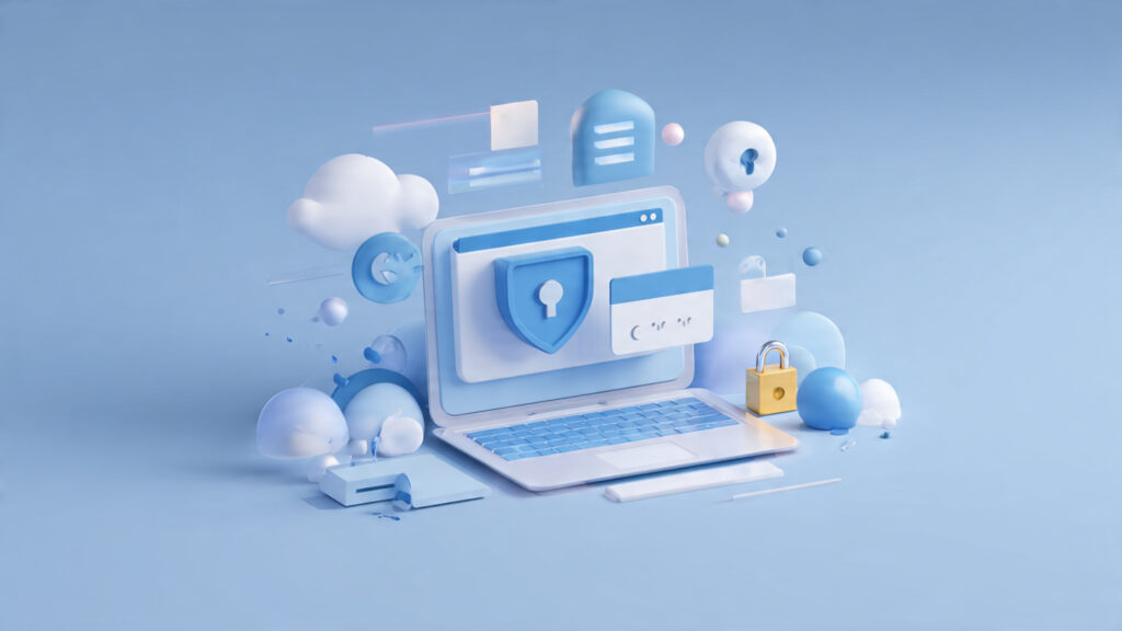 A 3D isometric illustration of a laptop featuring a blue shield icon with a keyhole, surrounded by floating locks and clouds.