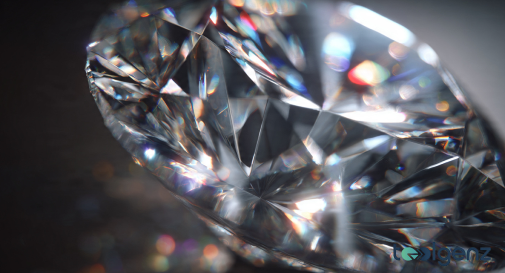 A large, multifaceted diamond centered atop a glowing circular digital interface with blue and red light accents.