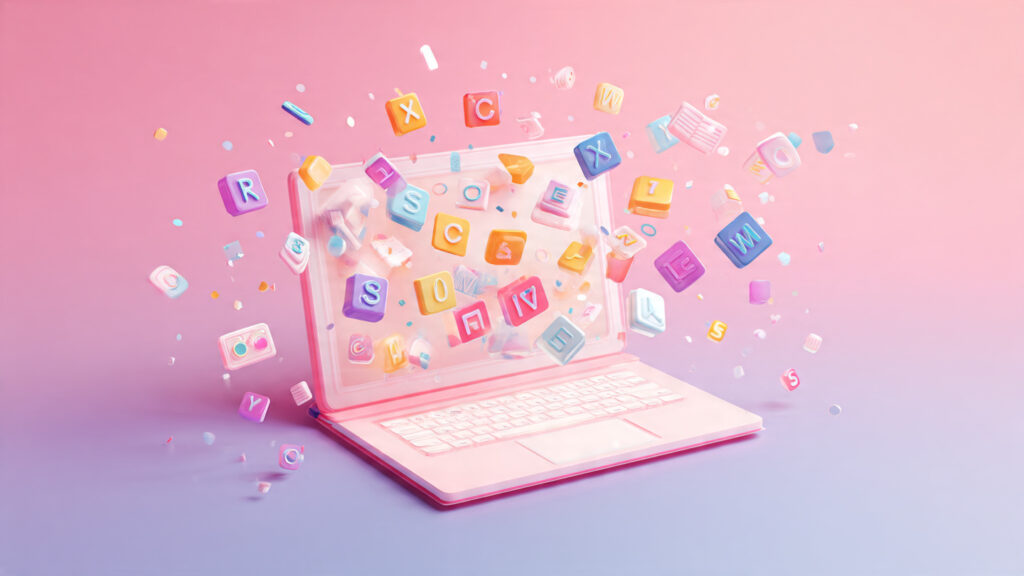 A 3D digital illustration of hands typing on a laptop with a burst of colorful alphabet blocks and document icons floating around the screen.