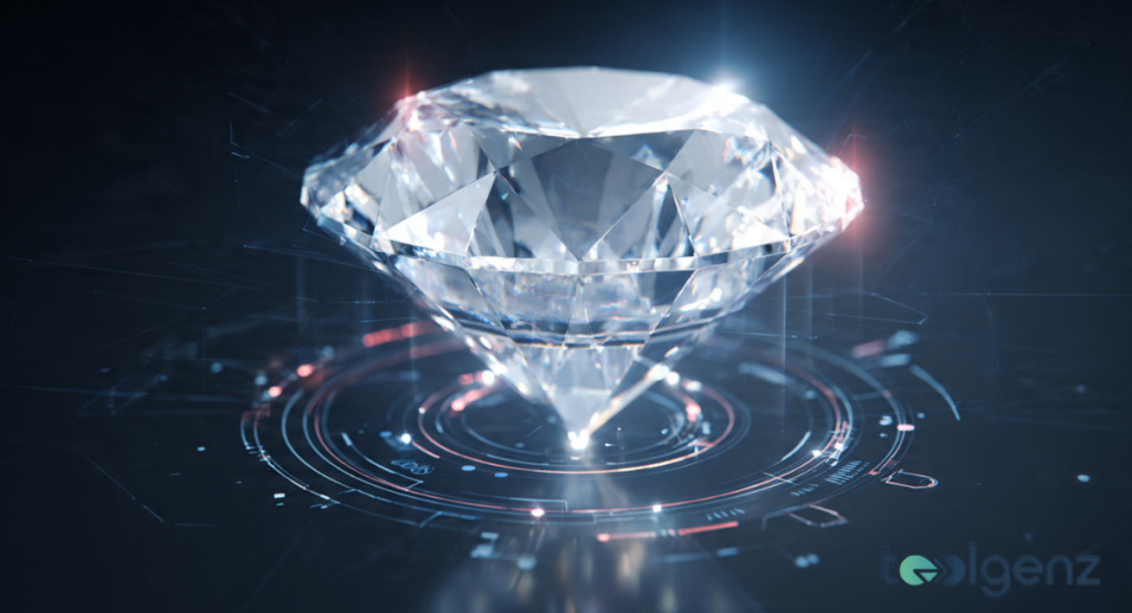 A close-up of a sparkling, brilliant-cut diamond hovering over a glowing, circular digital interface with light streaks and technological motifs.