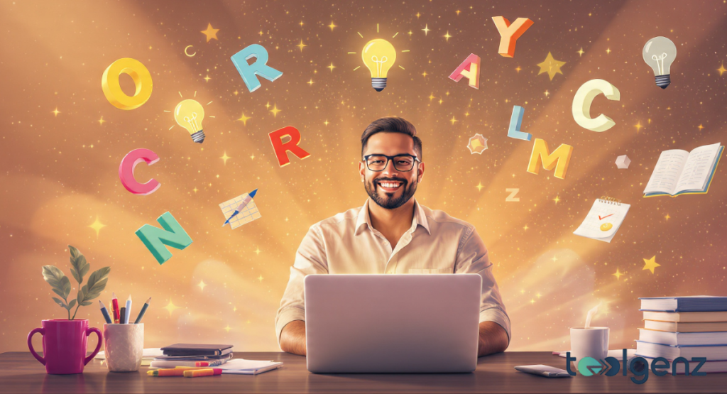 A bold, colorful graphic for a Play On Words Name Generator ultimate guide featuring 3D lightbulbs, dice, and floating letter icons.