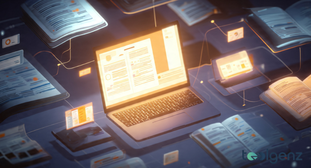 A glowing laptop surrounded by floating, interconnected digital books and documents for MAC Address.