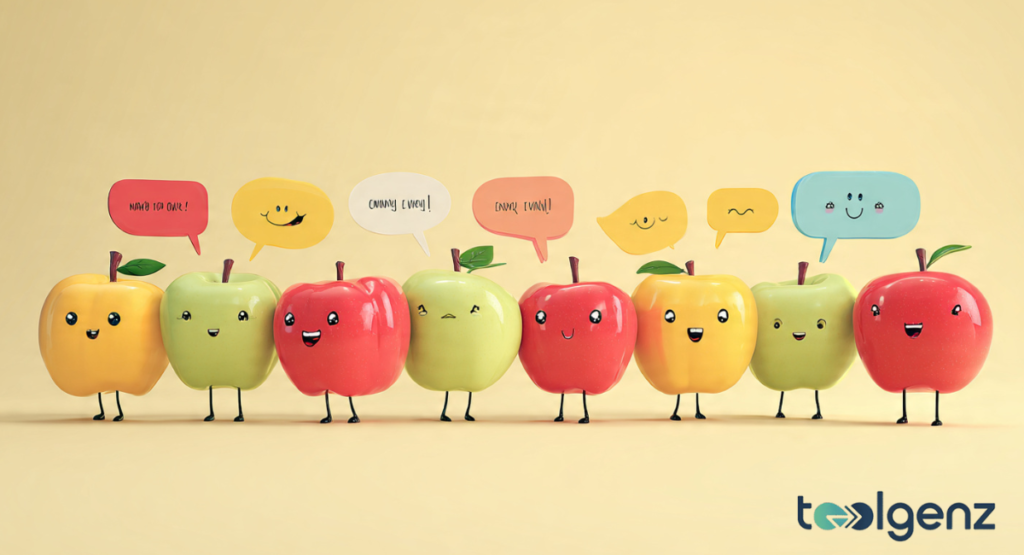 A row of eight colorful, stylized apples in yellow, green, and red, each featuring a cute face and thin legs, with various speech bubbles floating above them.