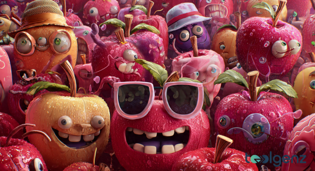 A chaotic and crowded group of red and orange fruit characters with bizarre, exaggerated faces, some wearing sunglasses, hats, or featuring wide toothy grins.