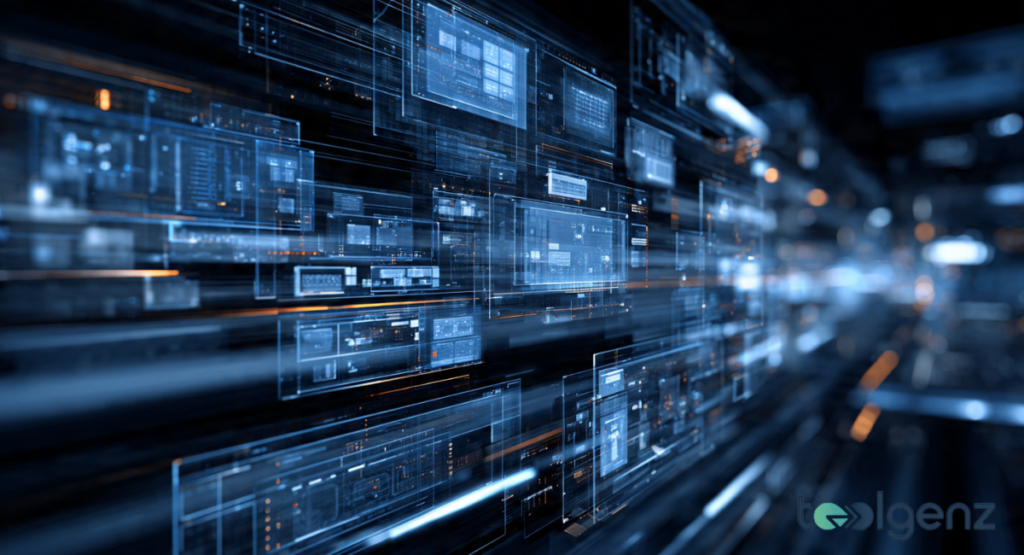 A dynamic digital display of glowing blue holographic data panels and interface screens flowing through a dark, high-tech virtual space.