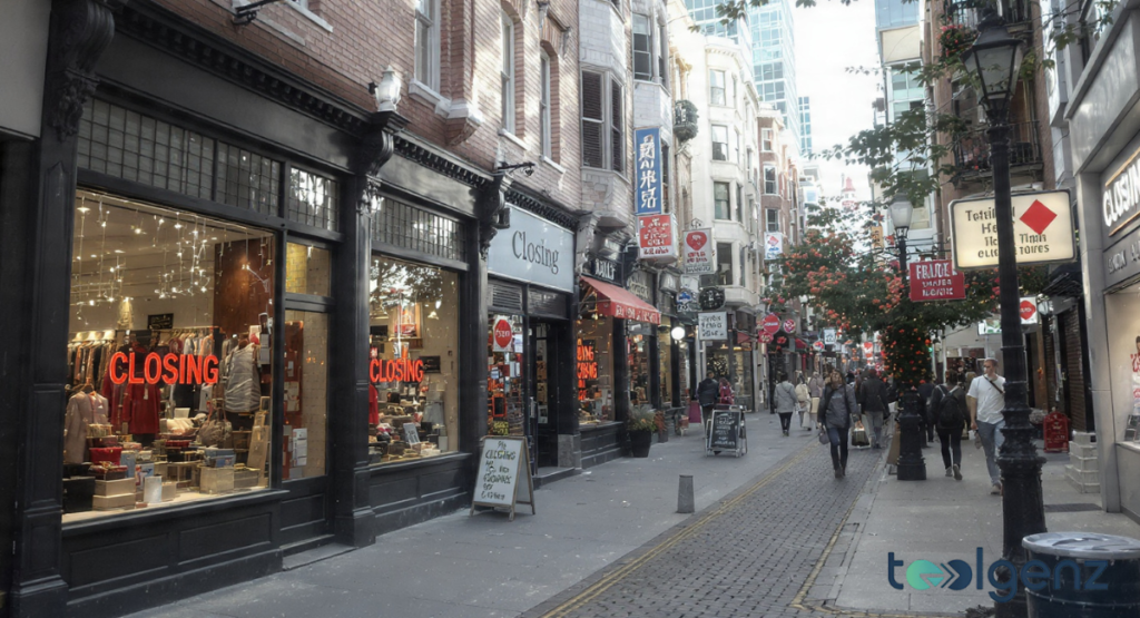 Alt Text: A narrow, bustling cobblestone city street lined with brick buildings and several storefronts displaying bright red "Closing" signs in their windows.