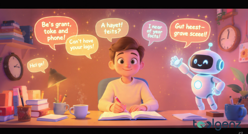 A vibrant outdoor field with colorful balloons, wrapped gifts, and speech bubbles containing playful celebratory text under a sunny sky.