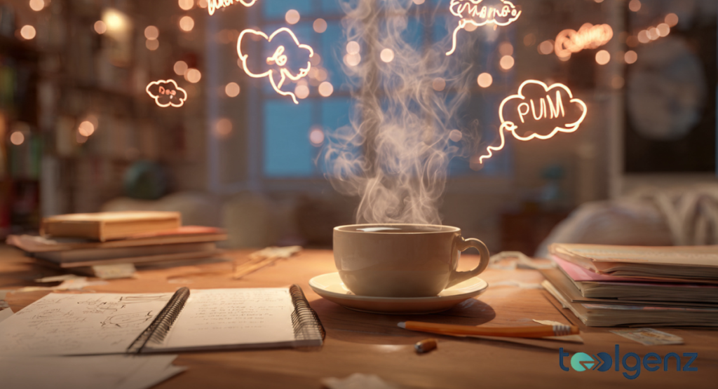 A cozy evening workspace featuring a steaming cup of tea, open notebooks, and glowing neon thought bubbles floating in the air.
