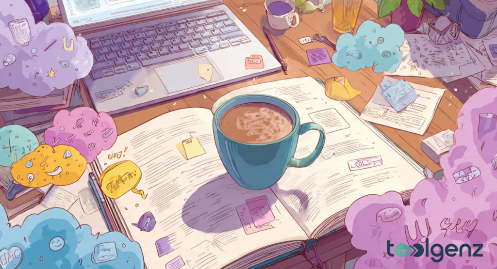 An overhead illustration of a creative desk featuring a laptop, an open book, and a steaming mug surrounded by whimsical clouds that inspire the perfect chai pun.