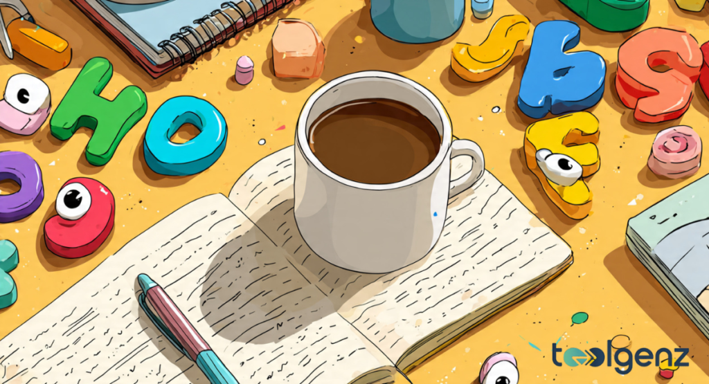 A cute blue robot with glowing yellow eyes types happily on a glowing laptop as colorful letters and speech bubbles float into the air.