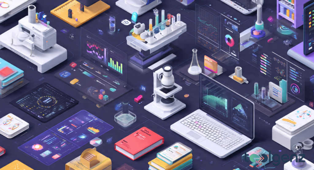 A 3D isometric laboratory workspace featuring microscopes, laptops, and chemical test tubes, representing the advanced tools used at the Georgia Tech Research Institute.