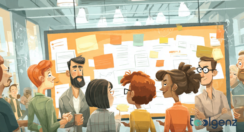 A diverse group of stylized office colleagues standing in front of a large orange bulletin board covered in white papers and sticky notes.