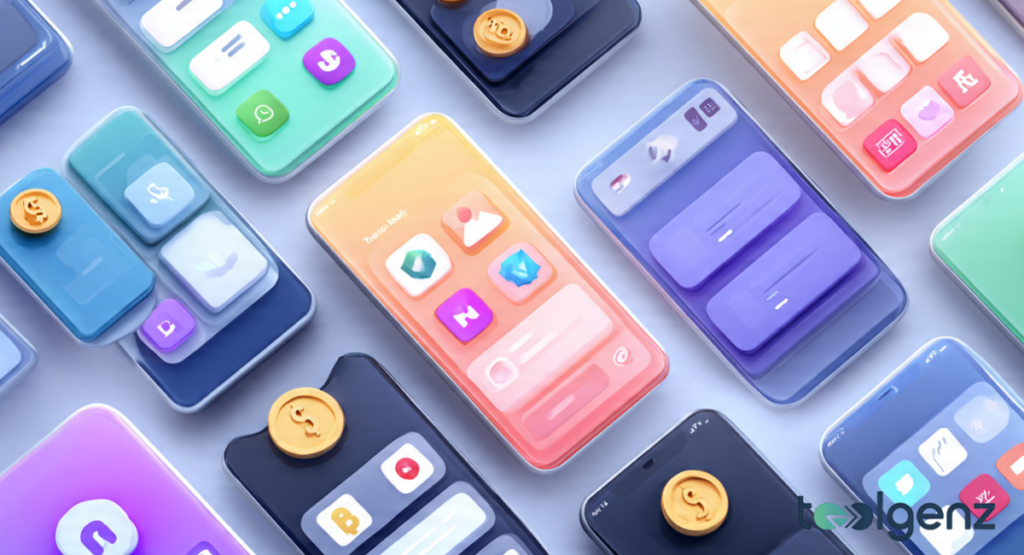 An isometric 3D rendering of multiple colorful smartphones displaying various app interfaces and gold currency icons.