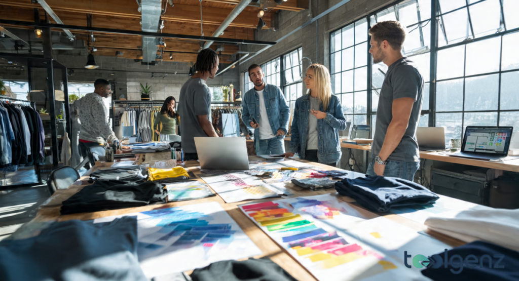 A diverse team of fashion designers collaborating in a sunlit, industrial-style studio filled with fabric swatches, sketches, and clothing racks.