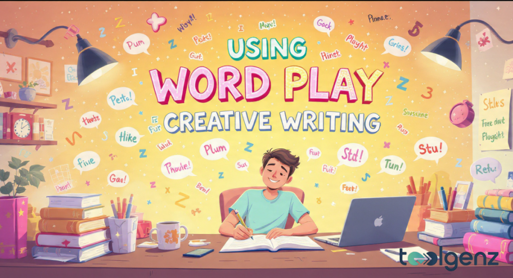 A colorful illustration showing a person sitting at a desk and using a word generator to help with their creative writing project.