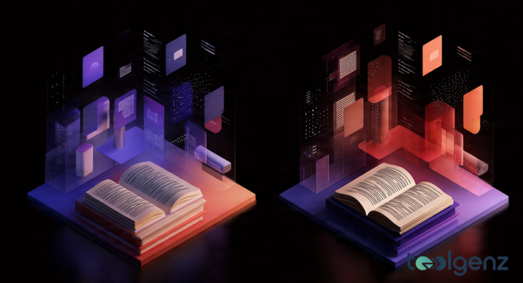 Two side-by-side 3D isometric displays showing open books on pedestals, each surrounded by floating purple or orange digital interfaces and documents.