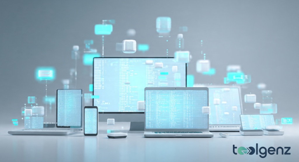 A high-tech digital web of interconnected data nodes and glowing blue holographic windows displaying technical specifications and hardware information.