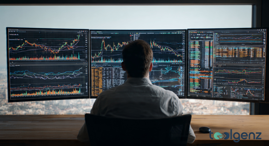 A diverse group of professional office workers sitting at a shared wooden desk, appearing focused and concerned while reviewing documents and working on laptops.