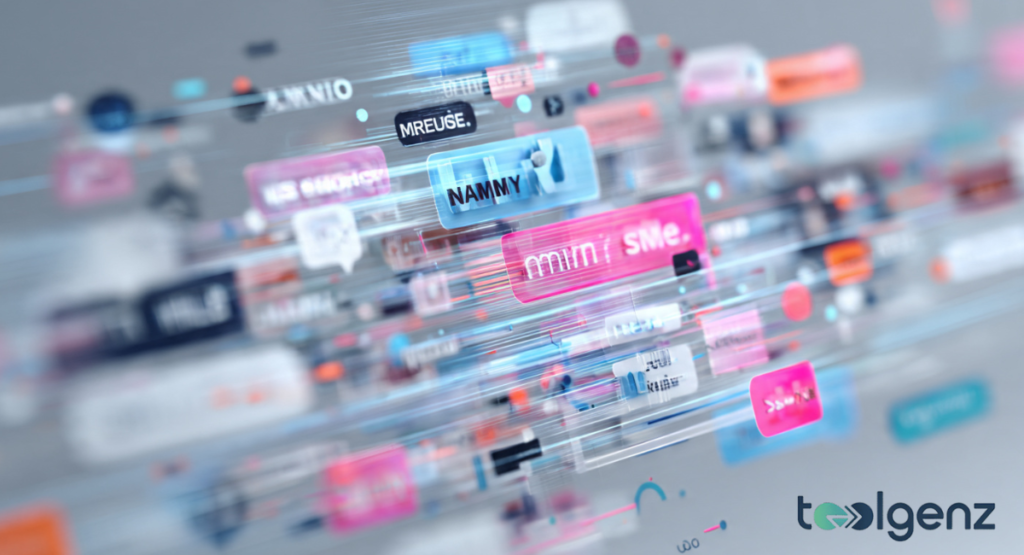 An abstract digital visualization of floating data labels and colorful translucent tags with text against a motion-blurred background.