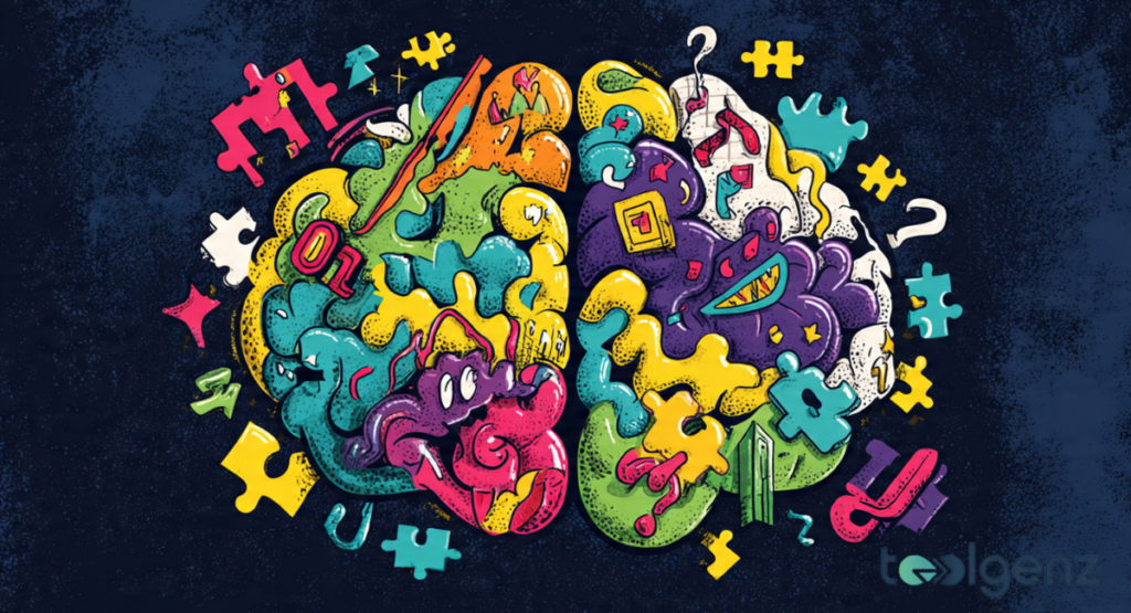 A vibrant and surreal illustration of a human brain split into two colorful halves, symbolizing the cognitive process behind an AI Pun Generator.