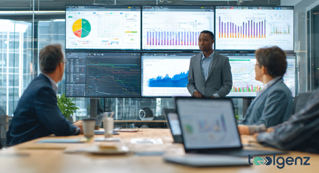 A professional business presentation featuring a man standing in front of a multi-screen data dashboard showing various charts and graphs to a seated audience in a modern conference room.