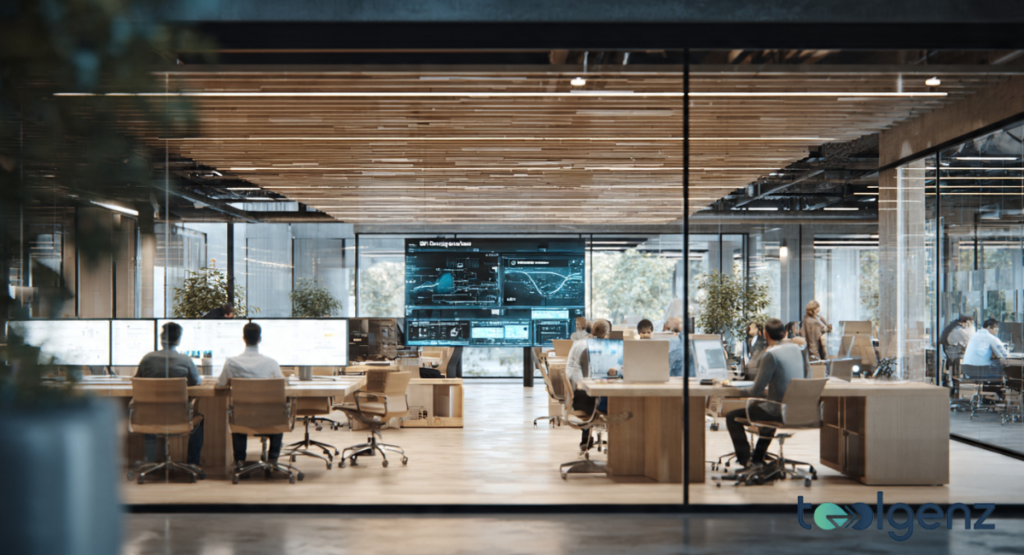 A professional investor sits in a dark room facing three large monitors filled with complex financial charts, analyzing the market impact of Amazon layoffs.