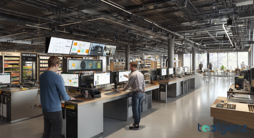 An ultra modern retail operations center featuring multiple computer workstations and overhead monitors within a sleek, industrial style grocery environment.