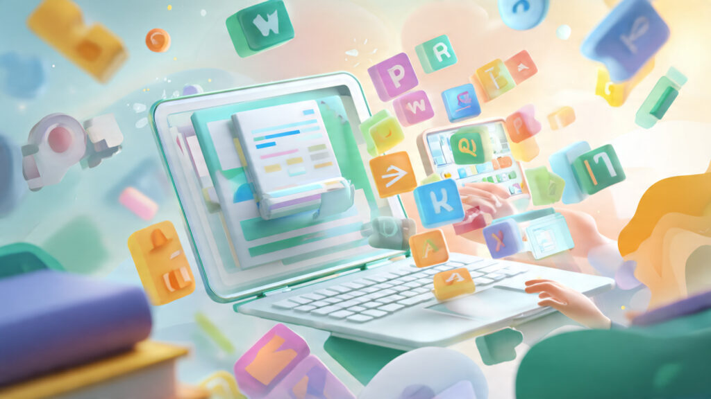 A 3D illustration of a laptop surrounded by floating colorful alphabet tiles while a user types on the keyboard.