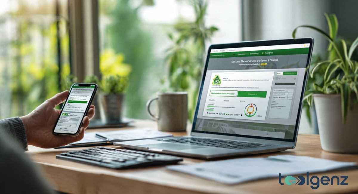 person holding a smartphone while sitting at a desk with a laptop displaying a green and white tax status dashboard.