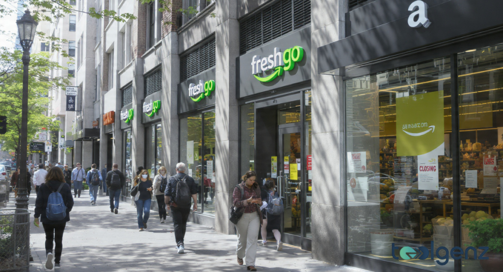 Three executives in a modern boardroom discussing data visualizations on multiple screens that display market trends and strategic grocery retail metrics.