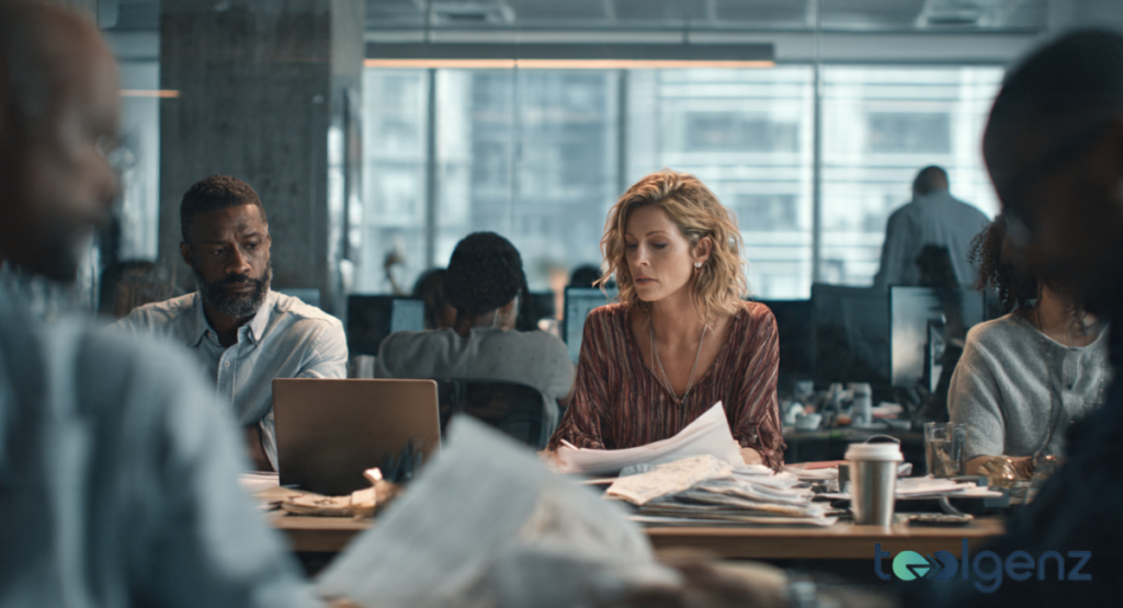 A group of professional office workers sitting at a shared desk, appearing focused and concerned while reviewing documents and working on laptops.