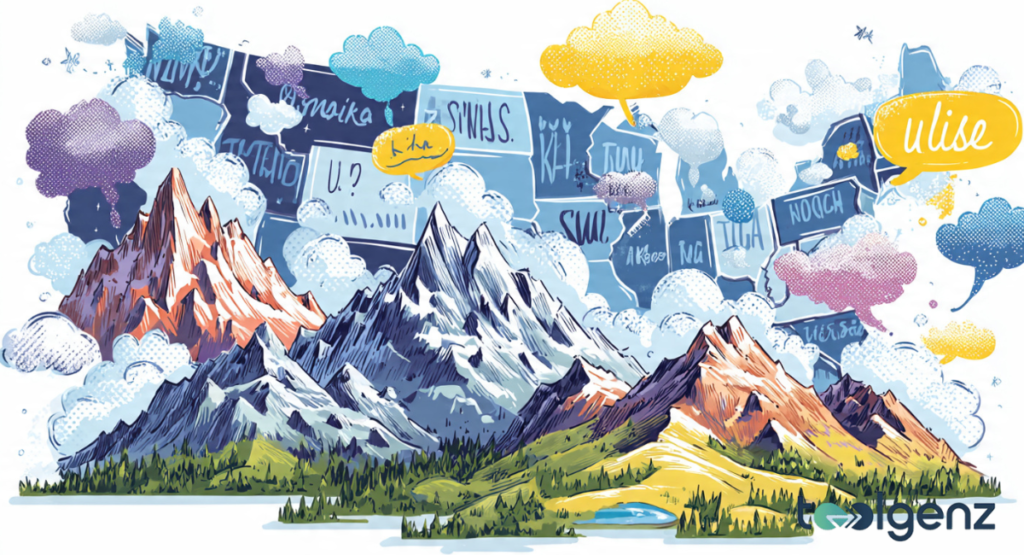 A stylized map of the United States serves as a backdrop to a majestic mountain range with numerous yellow and purple speech bubbles floating above the peaks.