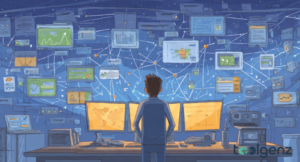 A high-tech digital web of interconnected data nodes and glowing blue holographic windows displaying technical specifications and hardware information.
