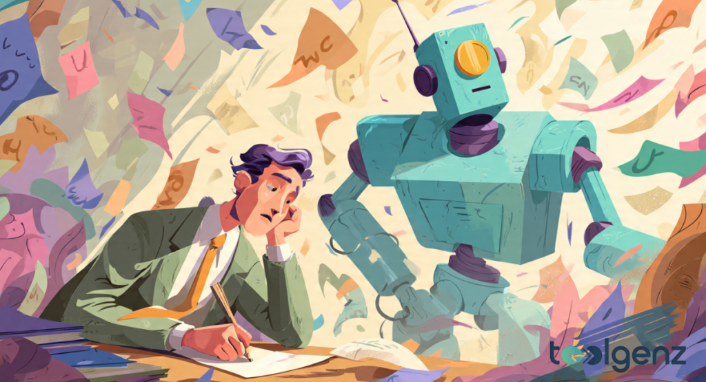 A tired man sits at a desk cluttered with papers, looking overwhelmed, while a sleek, efficient robot stands beside him amidst a whirlwind of flying documents.