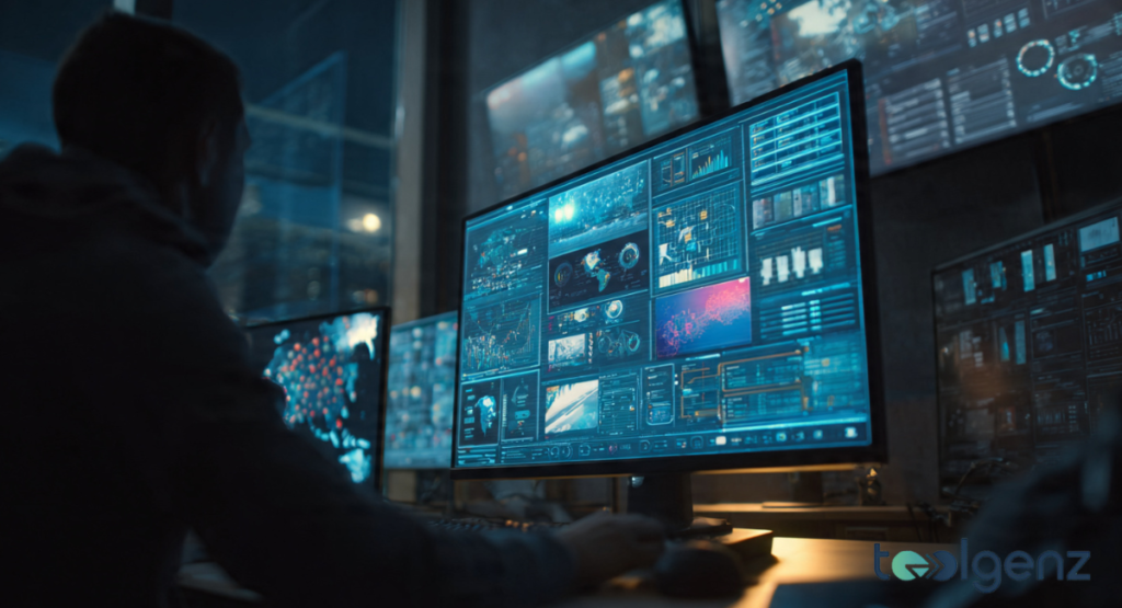 A cybersecurity professional performing a mac address lookup while monitoring complex data visualizations on multiple high-tech screens.