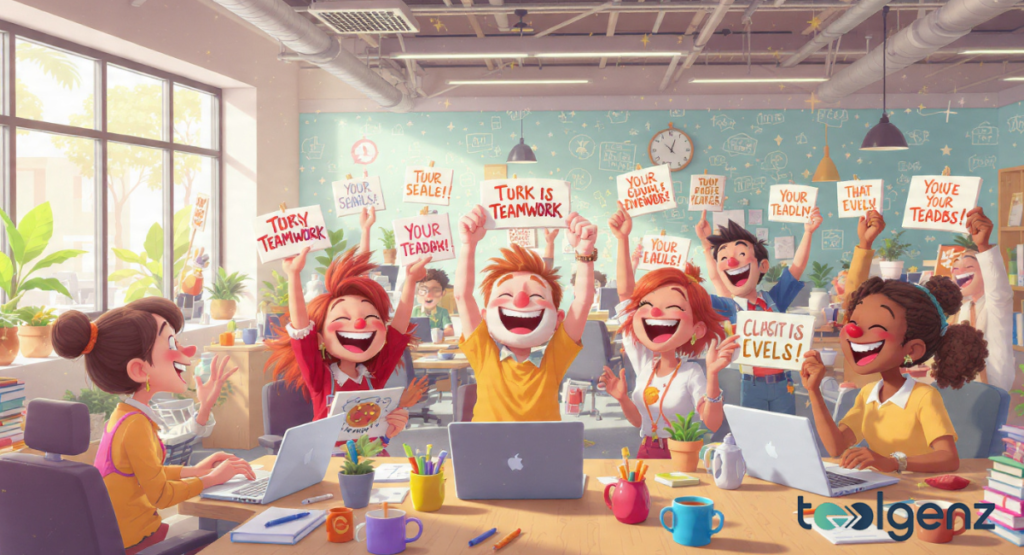A group of joyful cartoon office workers cheering and holding up various signs with phrases like "Teamwork" while sitting at a long desk with laptops in a bright, modern workspace.