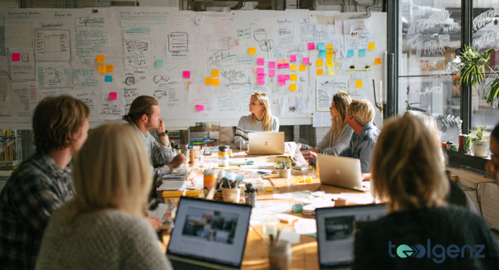 A creative team brainstorming in front of a massive whiteboard covered in colorful sticky notes and diagrams.