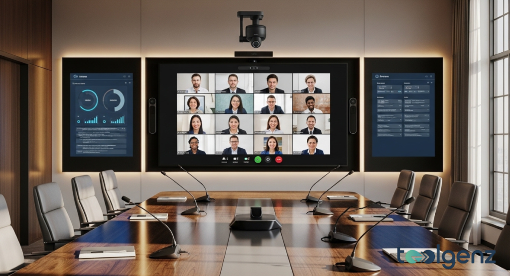 A high-tech conference room equipped for video conferencing, featuring a large screen displaying a grid of virtual meeting participants. The setup includes microphones on the table and additional screens showing data, highlighting advanced communication technology.