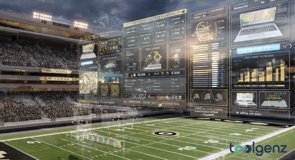A digital overlay of statistics and records displayed over a packed football stadium, comparing the historical achievements of two major universities in the Southeast.